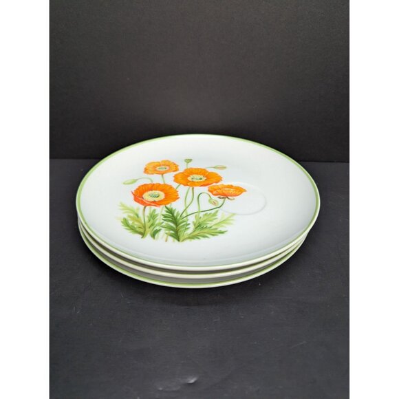 Norleans Japan 8 1/4 " Snack Plate Orange Poppy Flower Design Set of 3 No Cups - Picture 7 of 8